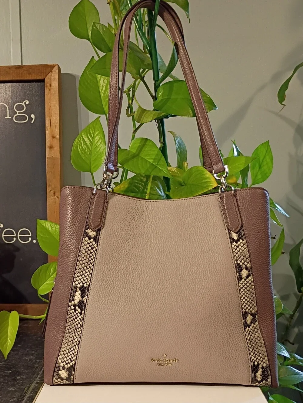 kate spade Taupe and Brown Tote with Snake-Print Trim